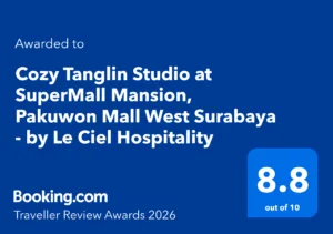 Booking.com Traveller Review Awards 2026 badge for Cozy Tanglin Studio at SuperMall Mansion, Pakuwon Mall West Surabaya β score 8.8/10.