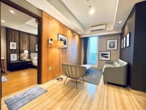 Living room at the Serene 2BR Venetian Tower apartment