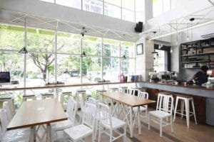 Hotel café seating for breakfast