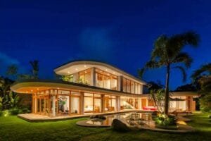 15 by 4 metre private swimming pool at Ananta Damai villa in Uluwatu at night