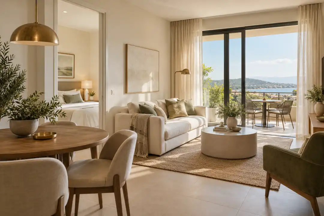 Bright apartment living room with a bedroom and balcony