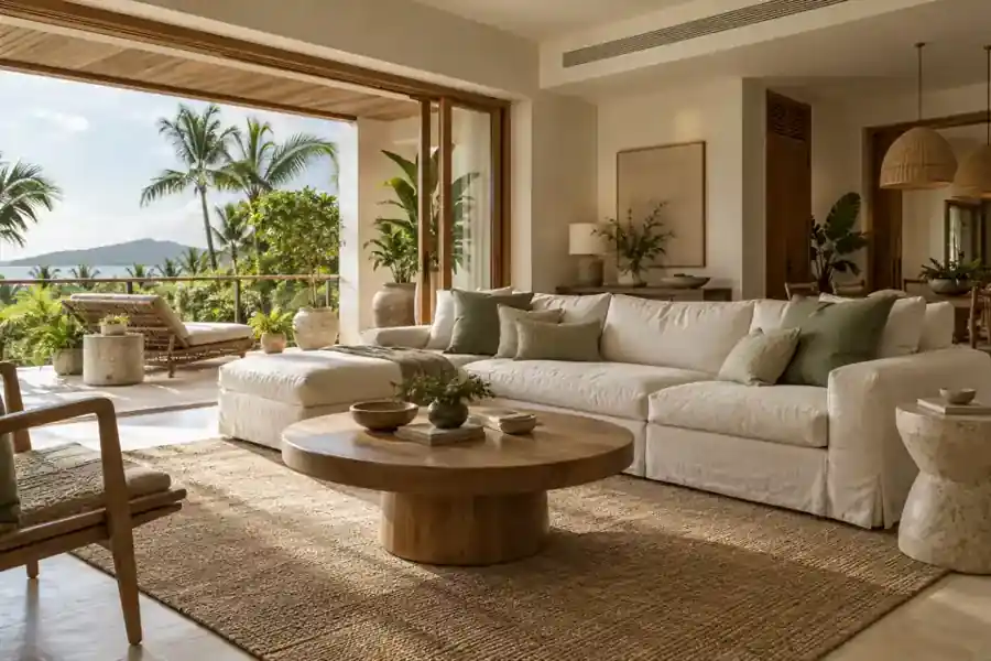 Design inspiration: Cream sofa, wooden coffee table and woven rug in a lounge