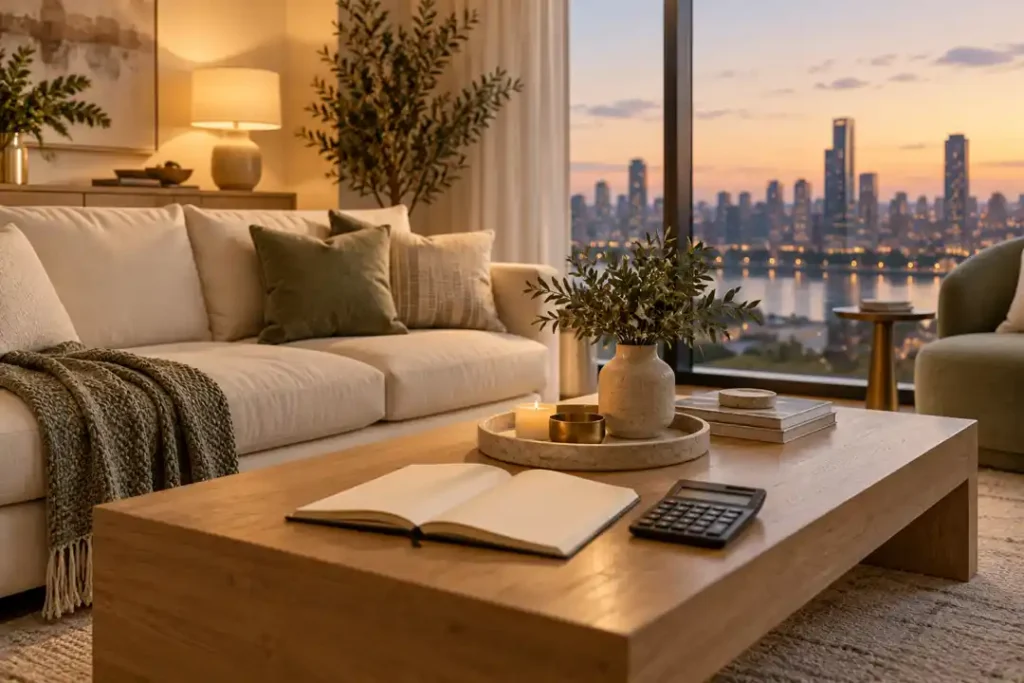Apartment lounge with a notebook and calculator for rental pricing