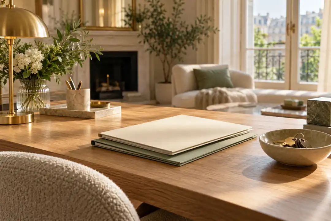 Property preparation folders and keys on an elegant desk