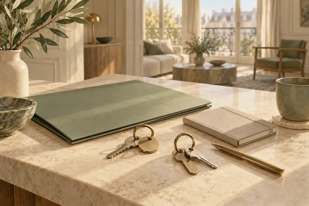 Two key rings, a sage folder, a notebook and a pen on a cream table