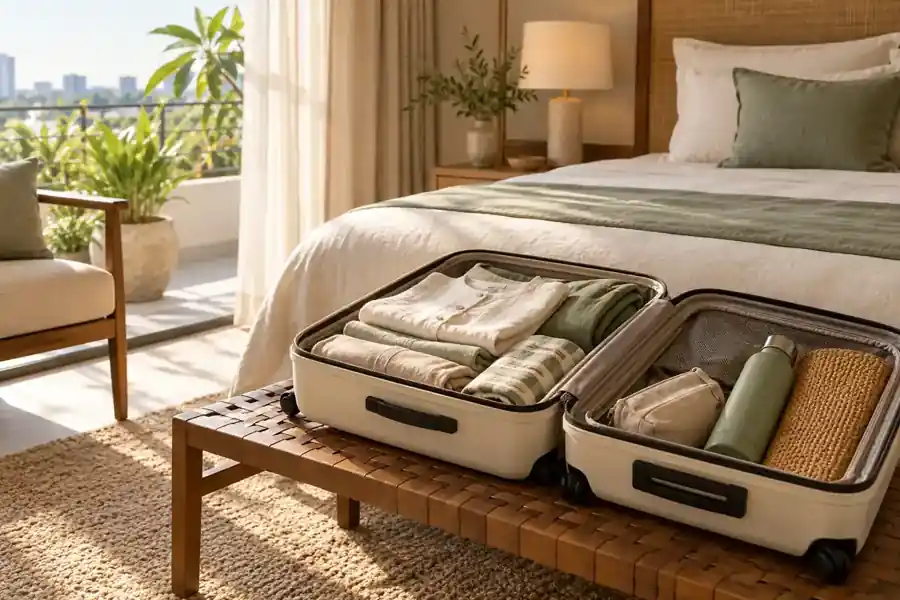 Design inspiration: Open suitcase with neatly folded clothing beside a bed