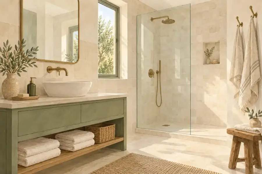 Design inspiration: Cream bathroom with a sage vanity, wall hooks and shower screen