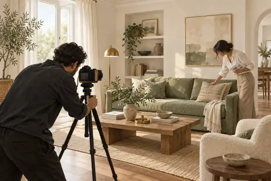 Design inspiration: Photographer setting a camera on a tripod in a tidy living room