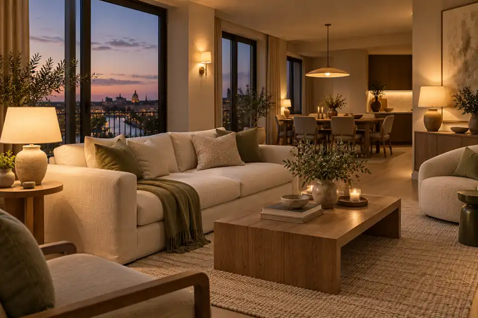 Rental property lighting illustration with warm lamps around a comfortable living and dining room