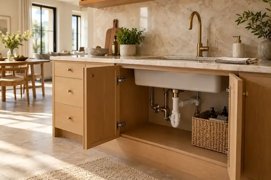 Design inspiration: Open kitchen cabinet showing sink pipes