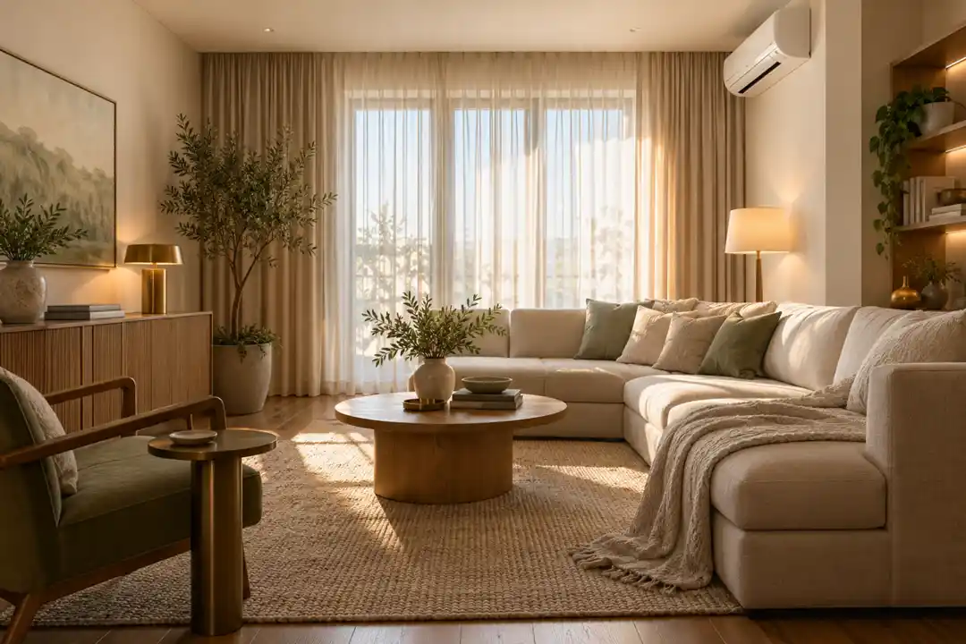 Apartment with filtered daylight, warm lamps and air conditioning