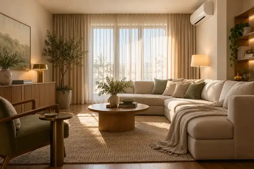 Design inspiration: Cream living room with curtains and wall-mounted air conditioning