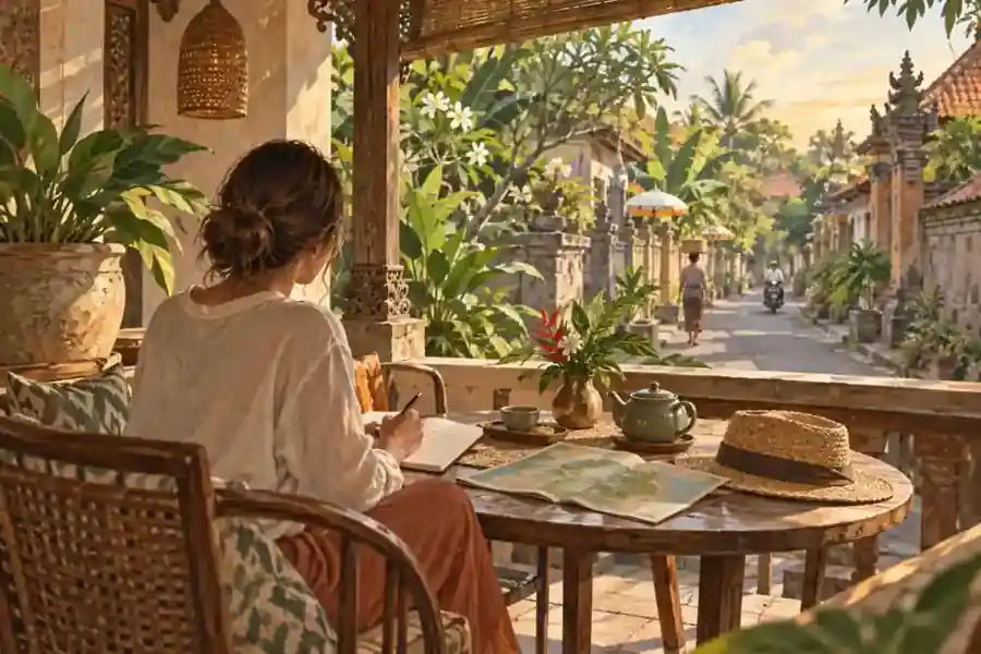 Design inspiration: Traveler writing beside tea on a shaded terrace